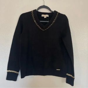 New Michael Kors Black V Neck Sweater Gold Chain Size L